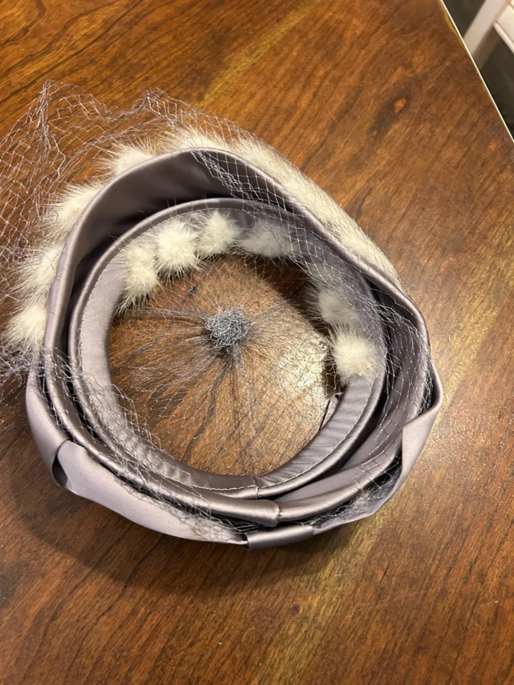 Vintage Ivory Braided Fur Headband with Gray Satin Knot and Veil - Picture 5 of 5